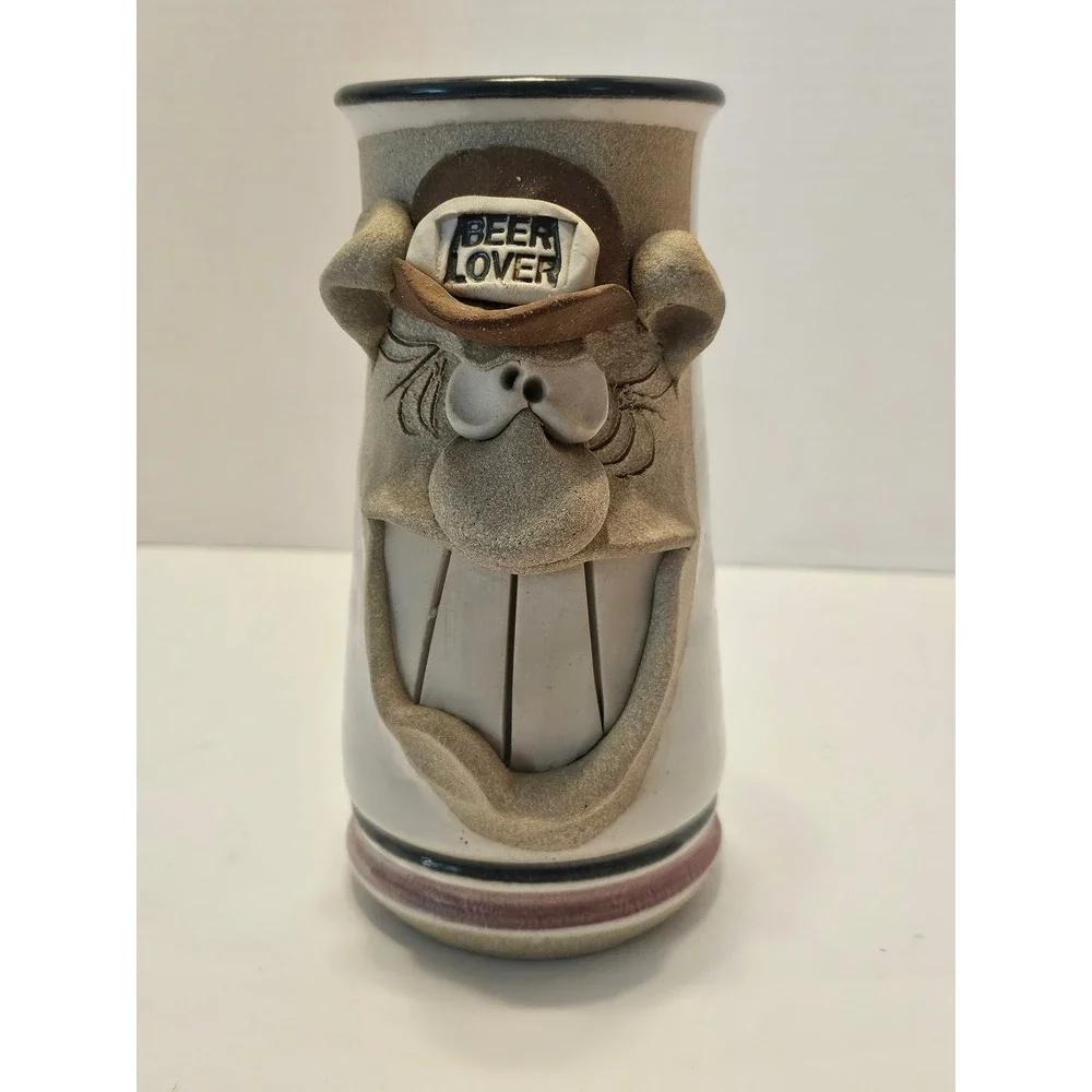 Vtg 80s Mahon Stoneware Ugly Face Beer Stein Mug 3D BEER LOVER 38fl oz signed